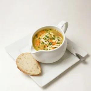 Chicken and vegetable soup with roll